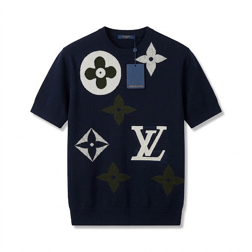 Louis Vuitton Monogram Motif Knit Short-Sleeve Sweater – Navy Blue & White