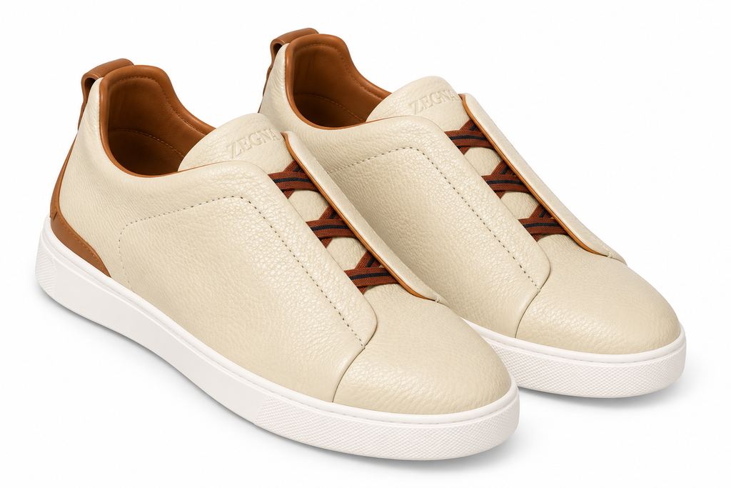 ZEGNA Leather Slip-On Sneakers – Ivory & Cognac