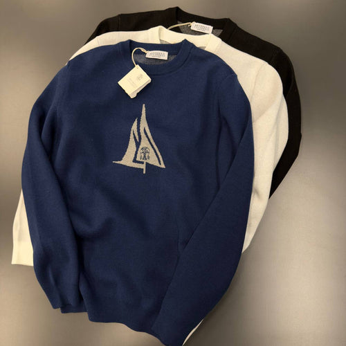 Brunello Cucinelli Logo Knit Crewneck Sweater – Navy Blue, Ivory & Black