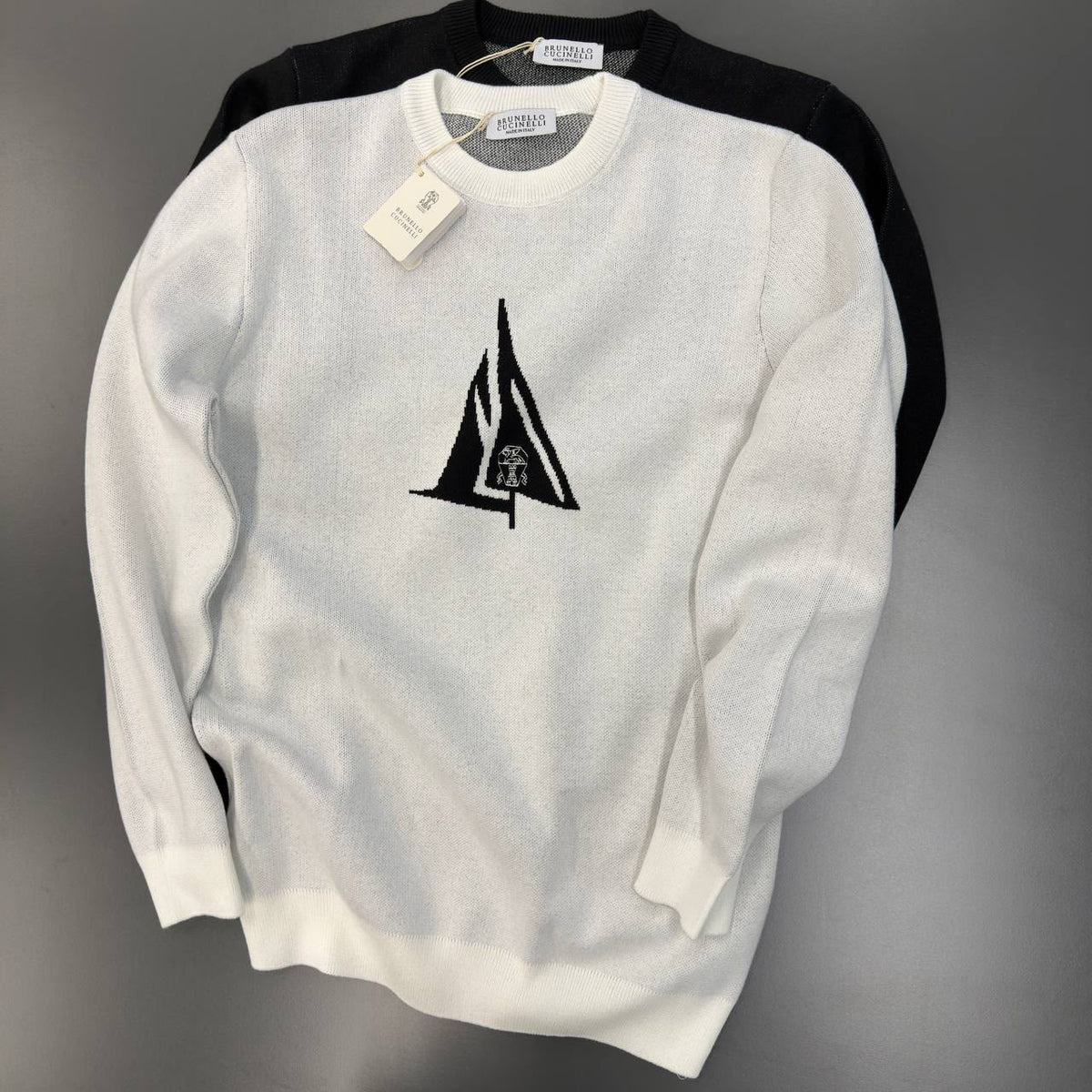 Brunello Cucinelli Logo Knit Crewneck Sweater – Ivory & Black