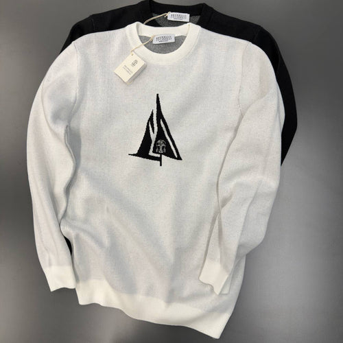 Brunello Cucinelli Logo Knit Crewneck Sweater – Ivory & Black