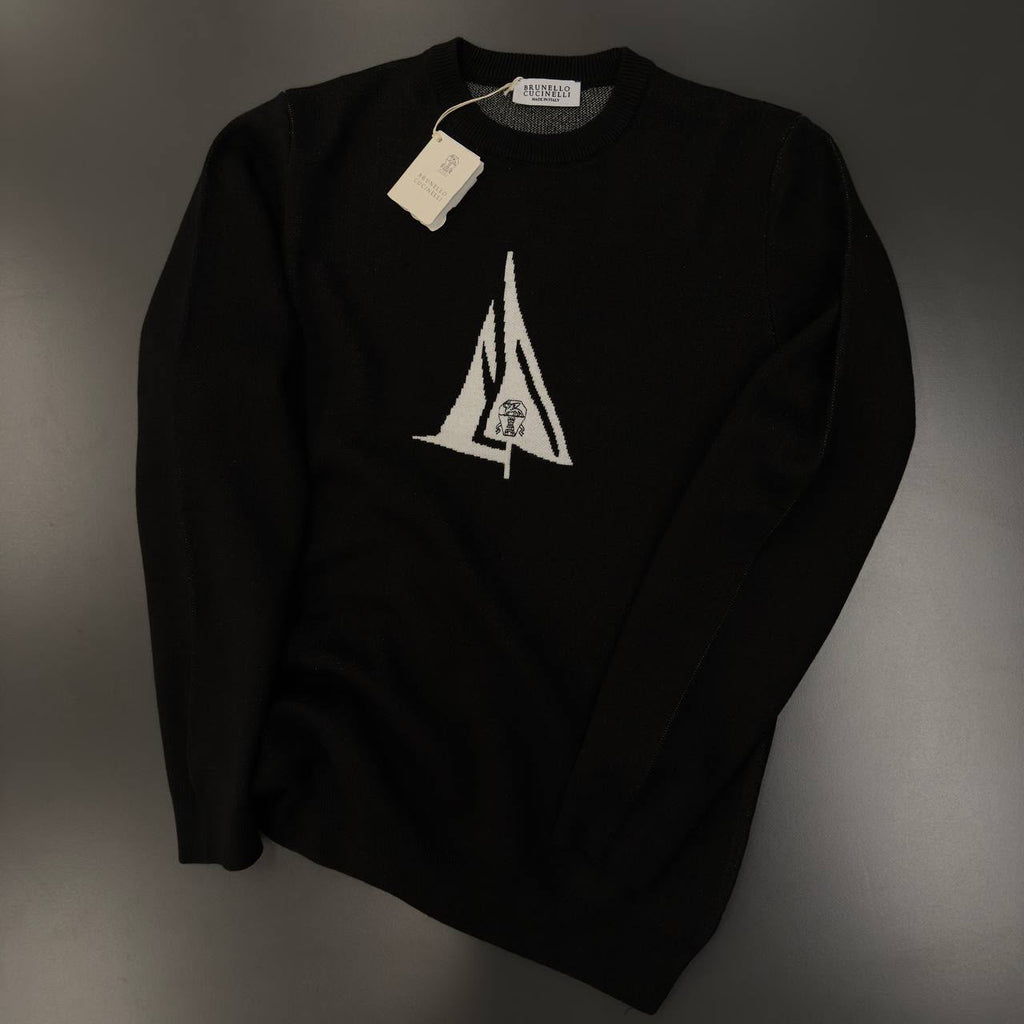 Brunello Cucinelli Logo Knit Crewneck Sweater – Black & Ivory