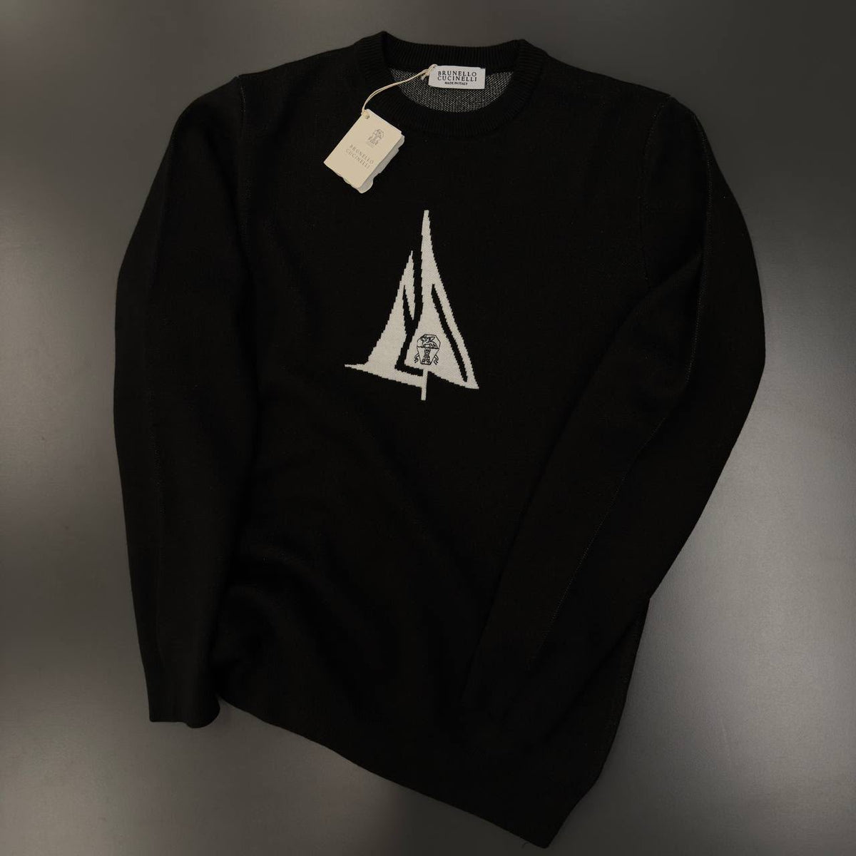 Brunello Cucinelli Logo Knit Crewneck Sweater – Black & Ivory