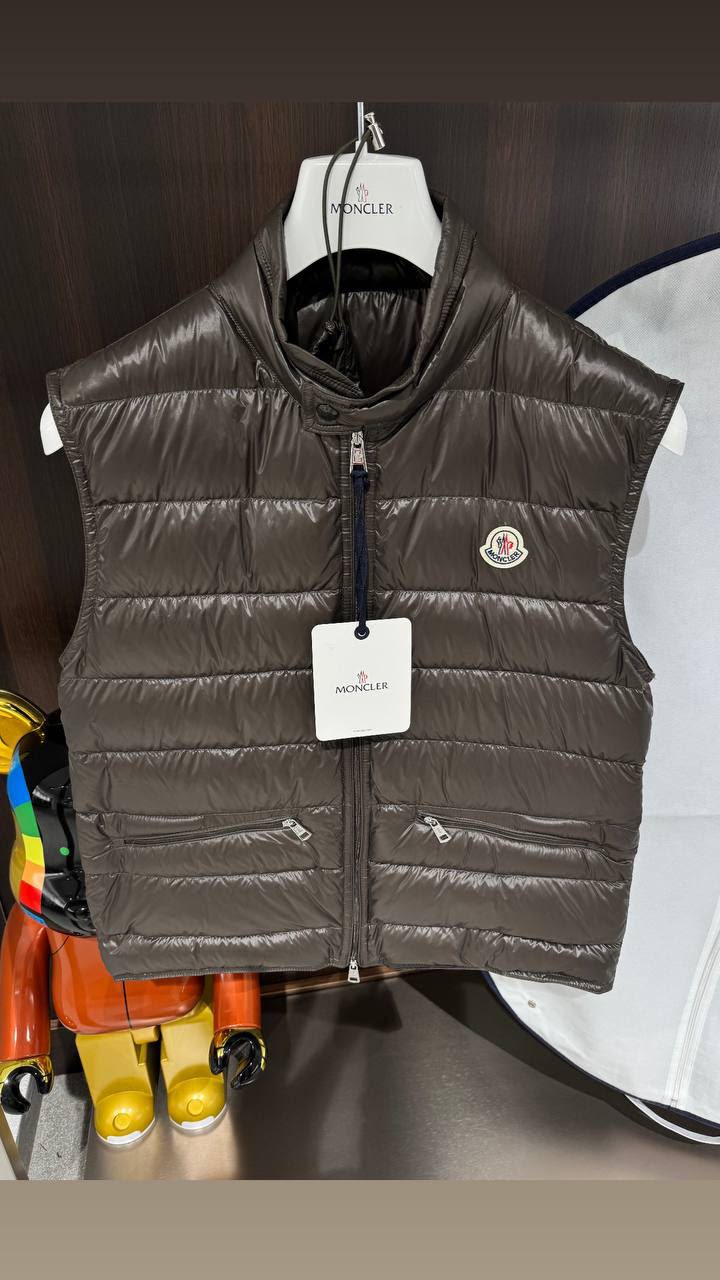 Moncler Glossy Quilted Puffer Vest – Dark Taupe