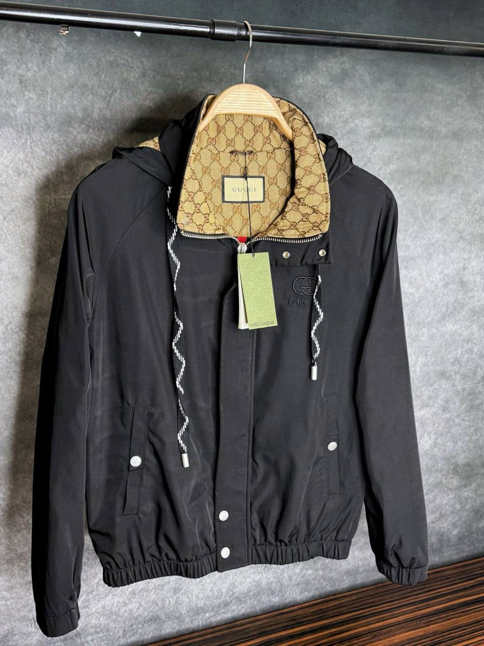 Gucci GG Monogram Hooded Bomber Jacket – Black & Beige