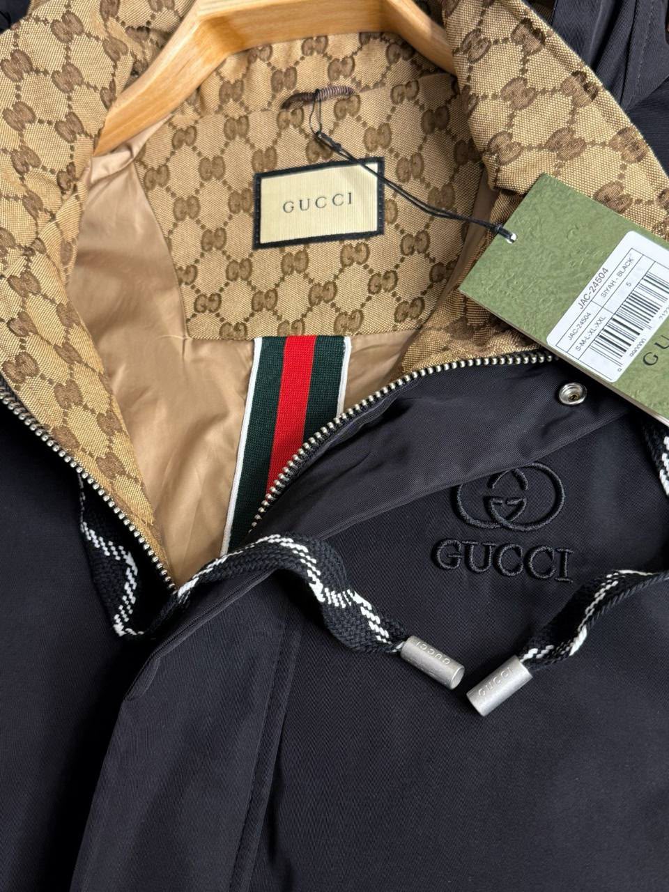 Gucci GG Monogram Hooded Bomber Jacket – Black & Beige