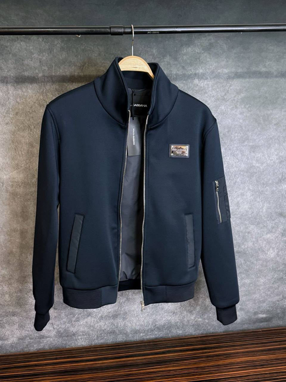Dolce & Gabbana Logo Plaque Zip-Up Bomber Jacket – Navy Blue