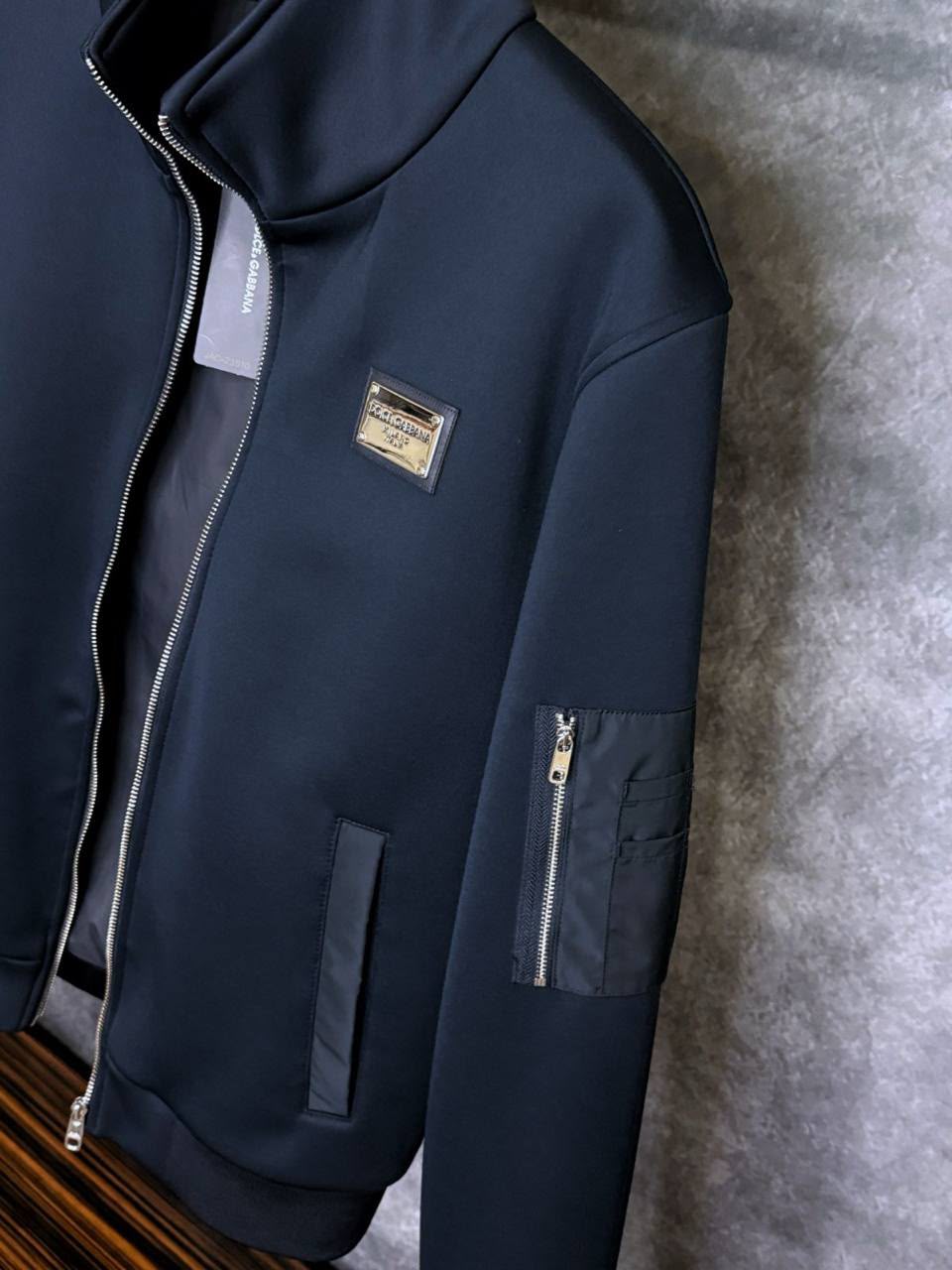 Dolce & Gabbana Logo Plaque Zip-Up Bomber Jacket – Navy Blue