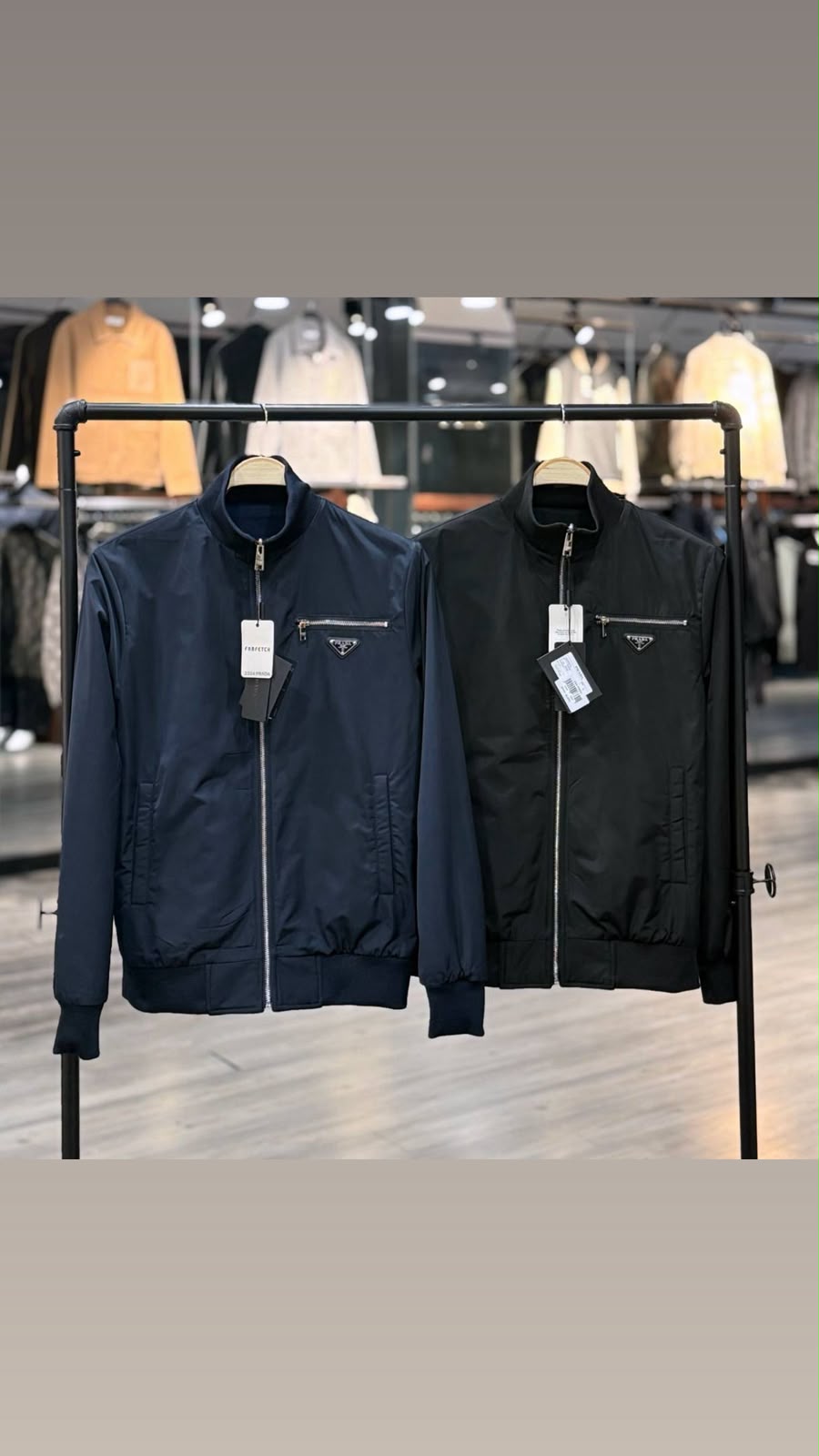 Prada Triangle Logo Zip-Up Bomber Jacket – Navy Blue & Black
