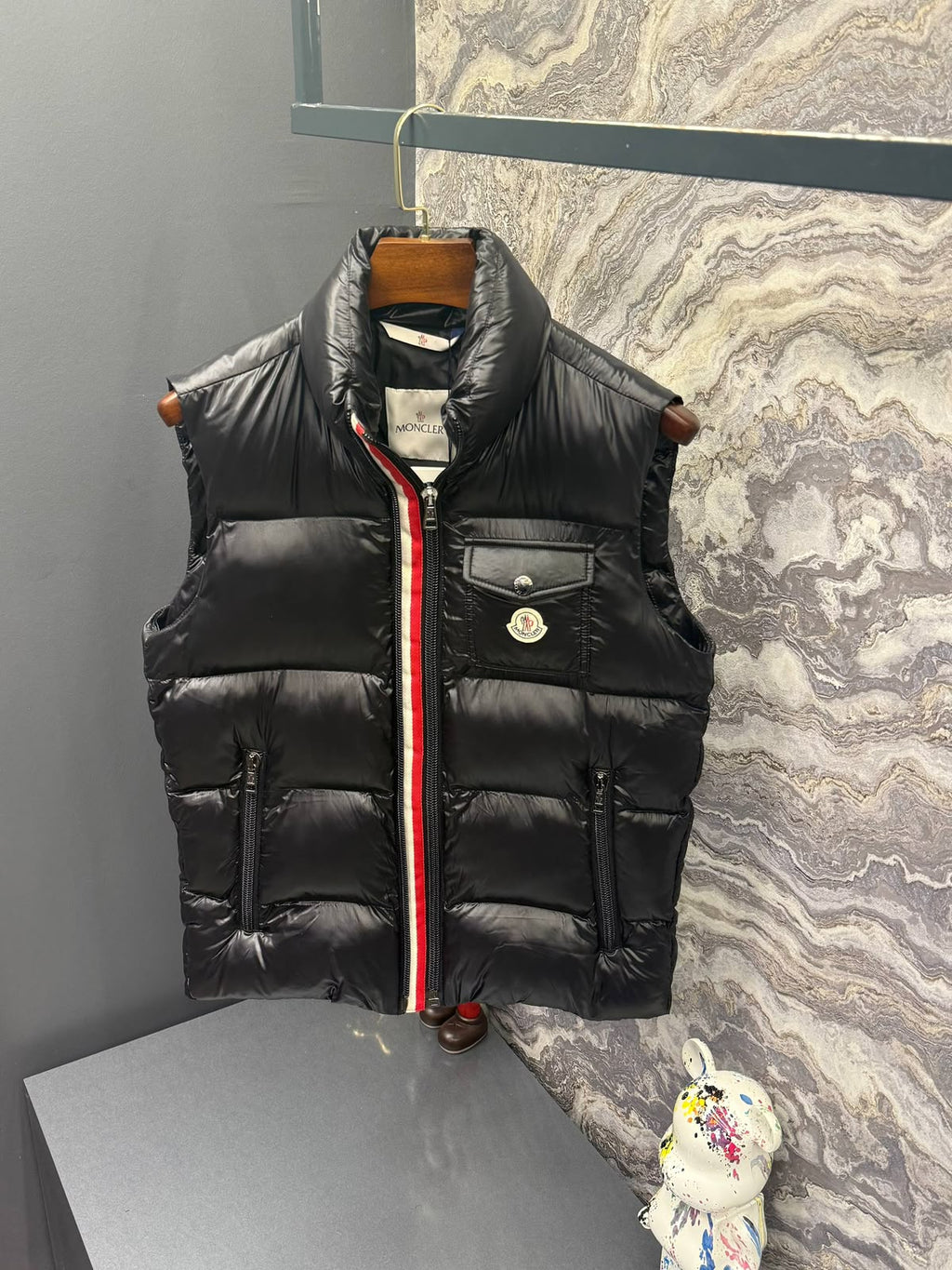 Moncler Quilted Puffer Vest with Chest Pocket – Glossy Black