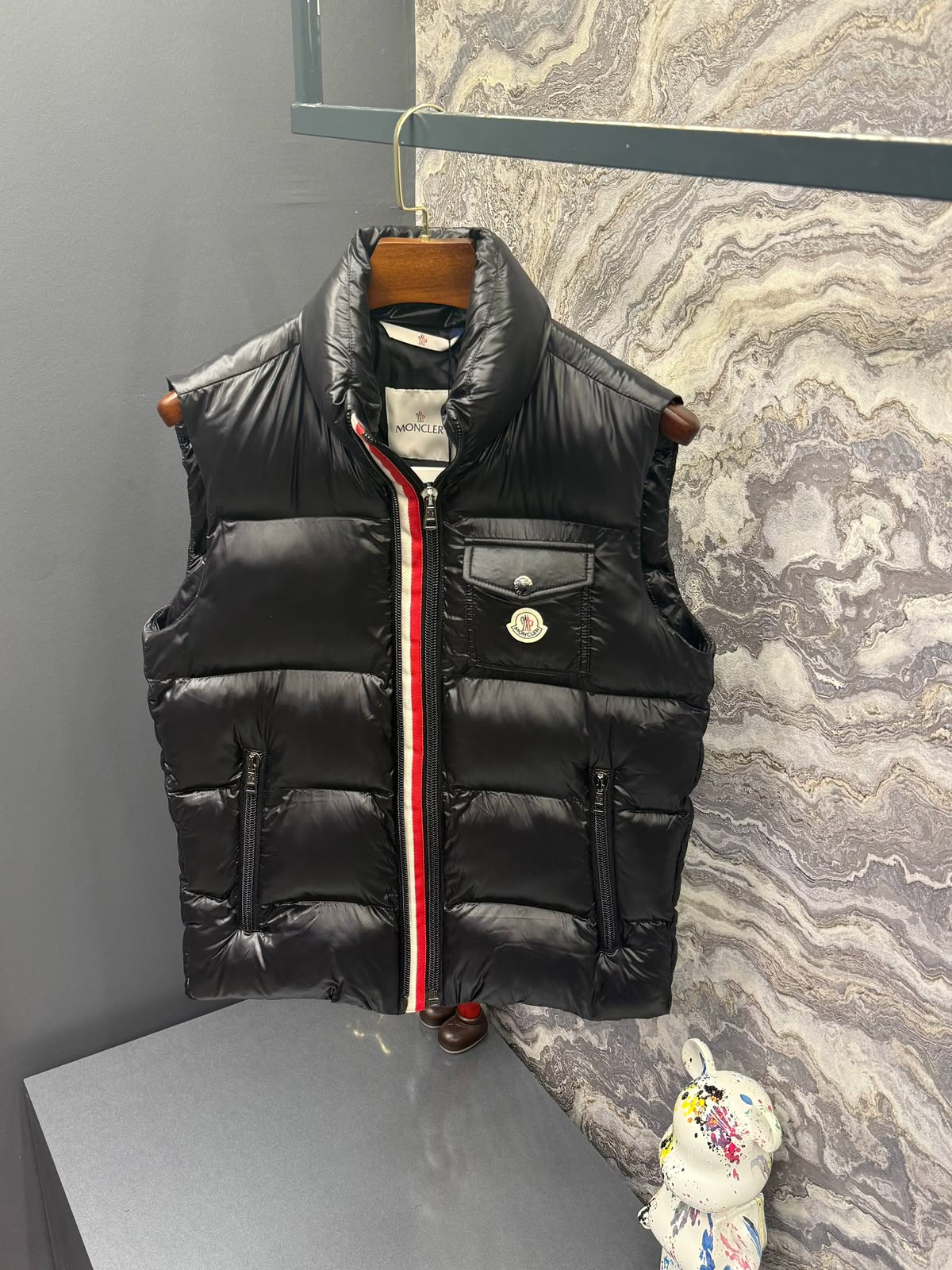 Moncler Quilted Puffer Vest with Chest Pocket – Glossy Black