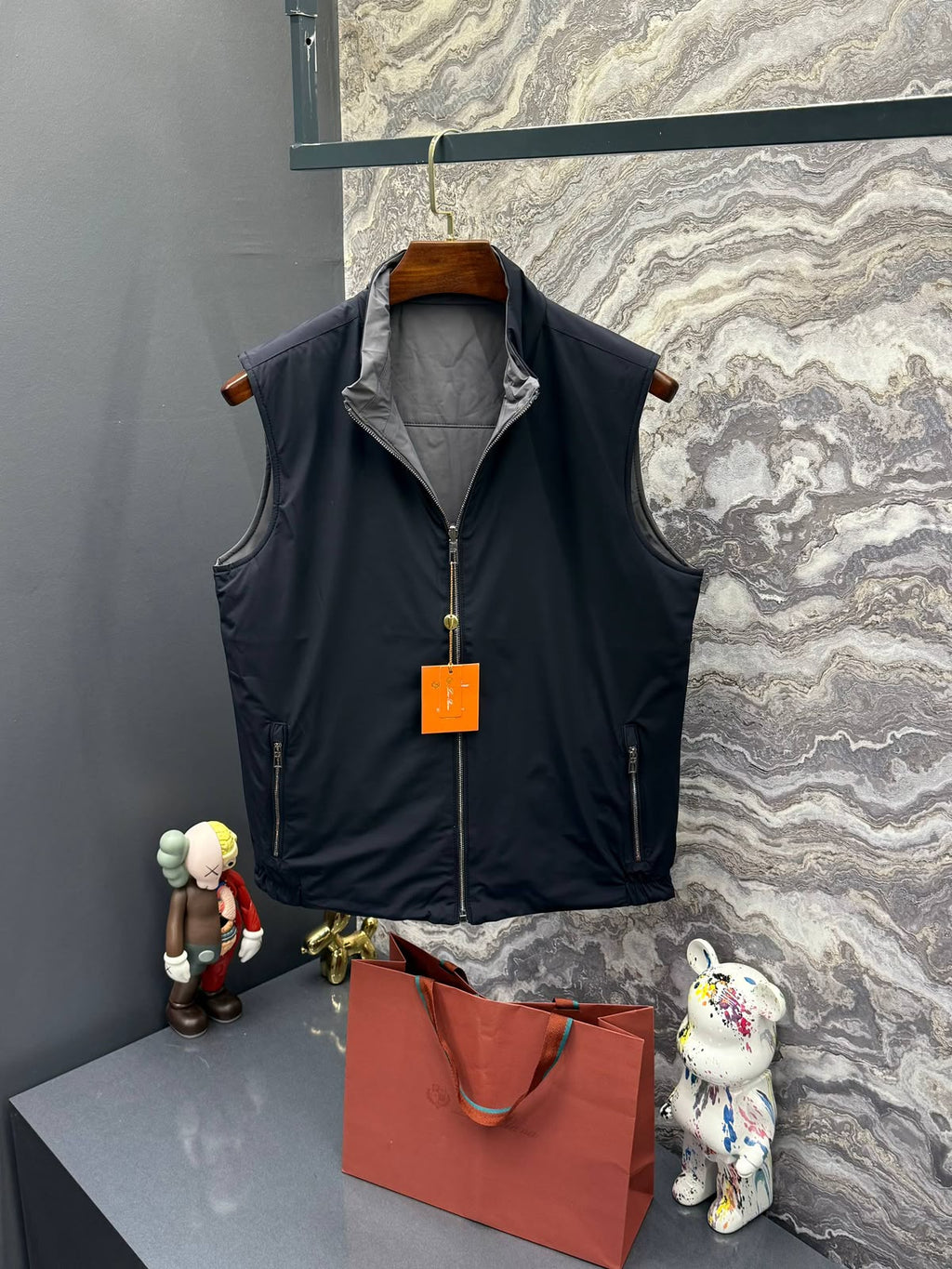 Loro Piana Contrast-Lined Zip-Up Vest – Navy Blue & Grey