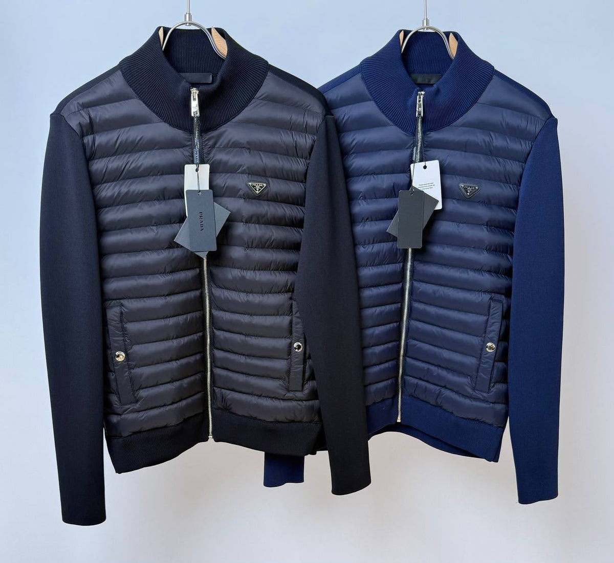 Prada Navy Blue Quilted Knit-Sleeve Jacket
