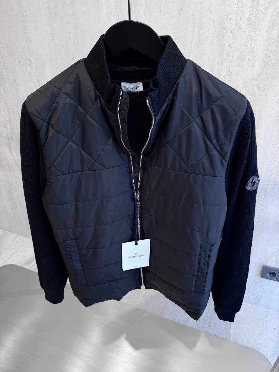 Moncler Navy Quilted Knit-Sleeve Jacket