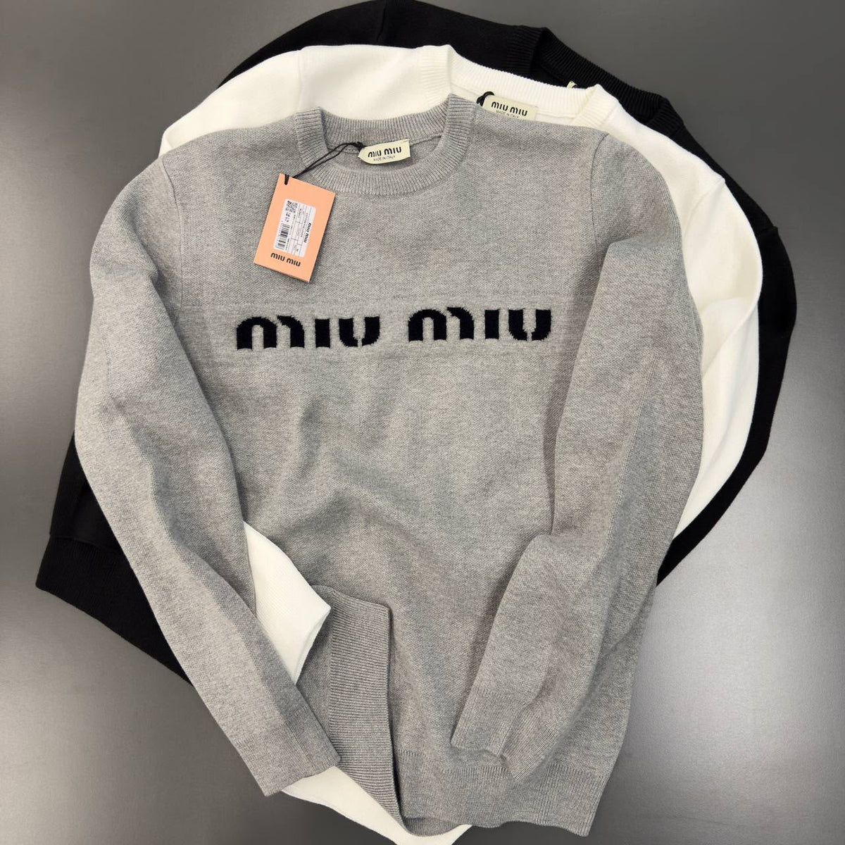 Miu Miu Logo Knit Sweater – Grey