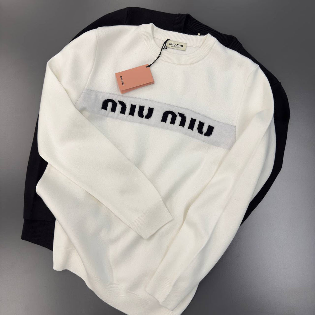 Miu Miu Logo Knit Sweater – Off White