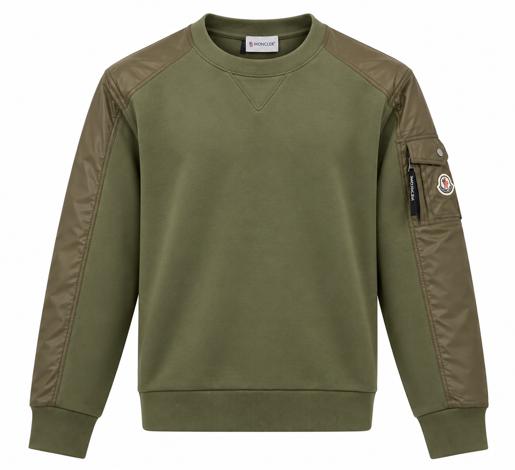 Moncler Olive Green Nylon Panel Crewneck Sweatshirt