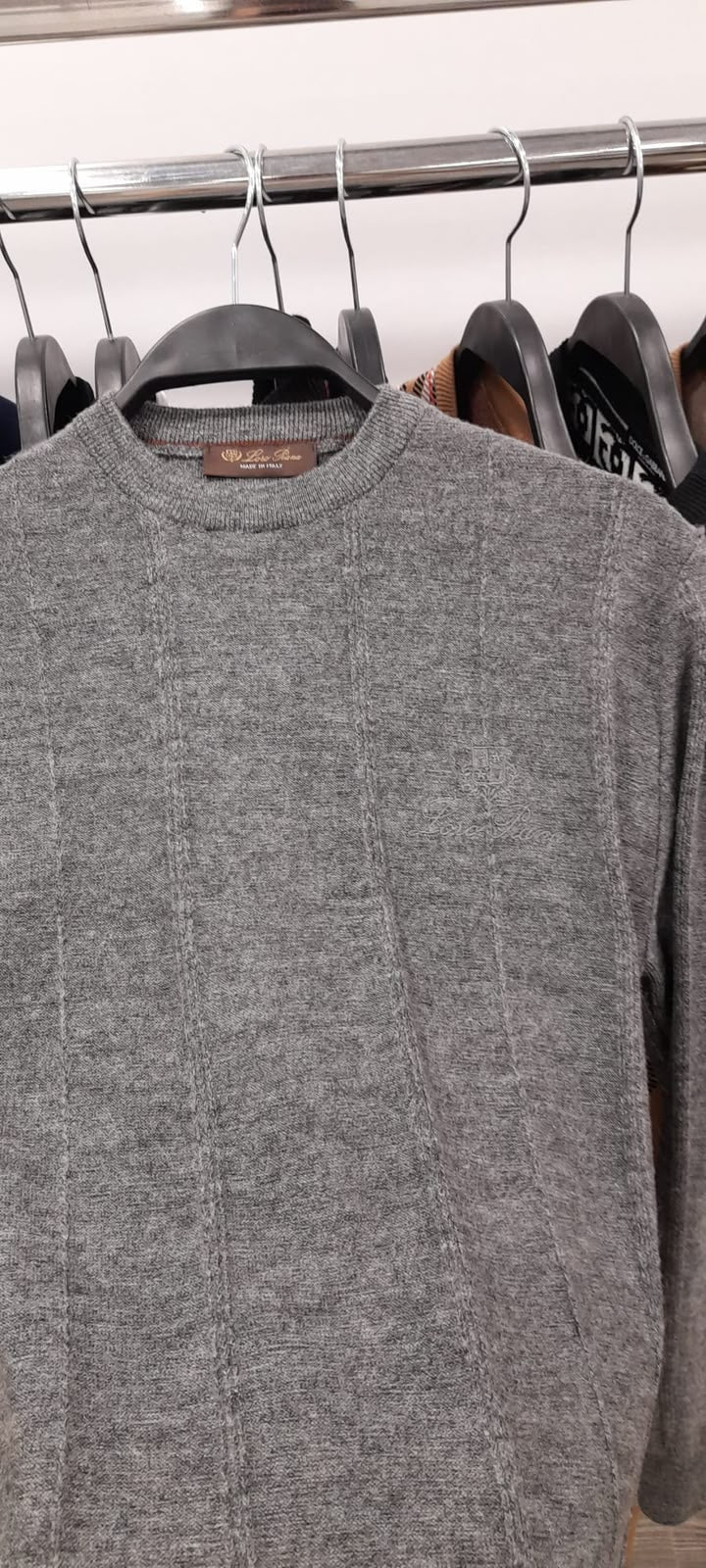 Loro Piana Grey Textured Vertical Stripe Knit Sweater