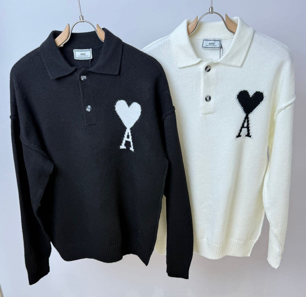 AMI Paris Ami de Coeur Knit Polo Sweater – Black