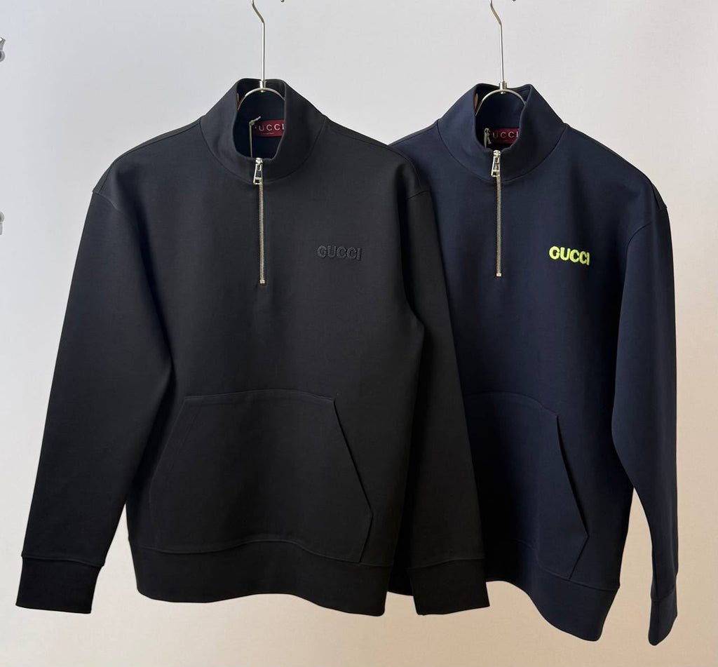 Gucci Navy Blue Half-Zip Sweatshirt with Neon Logo