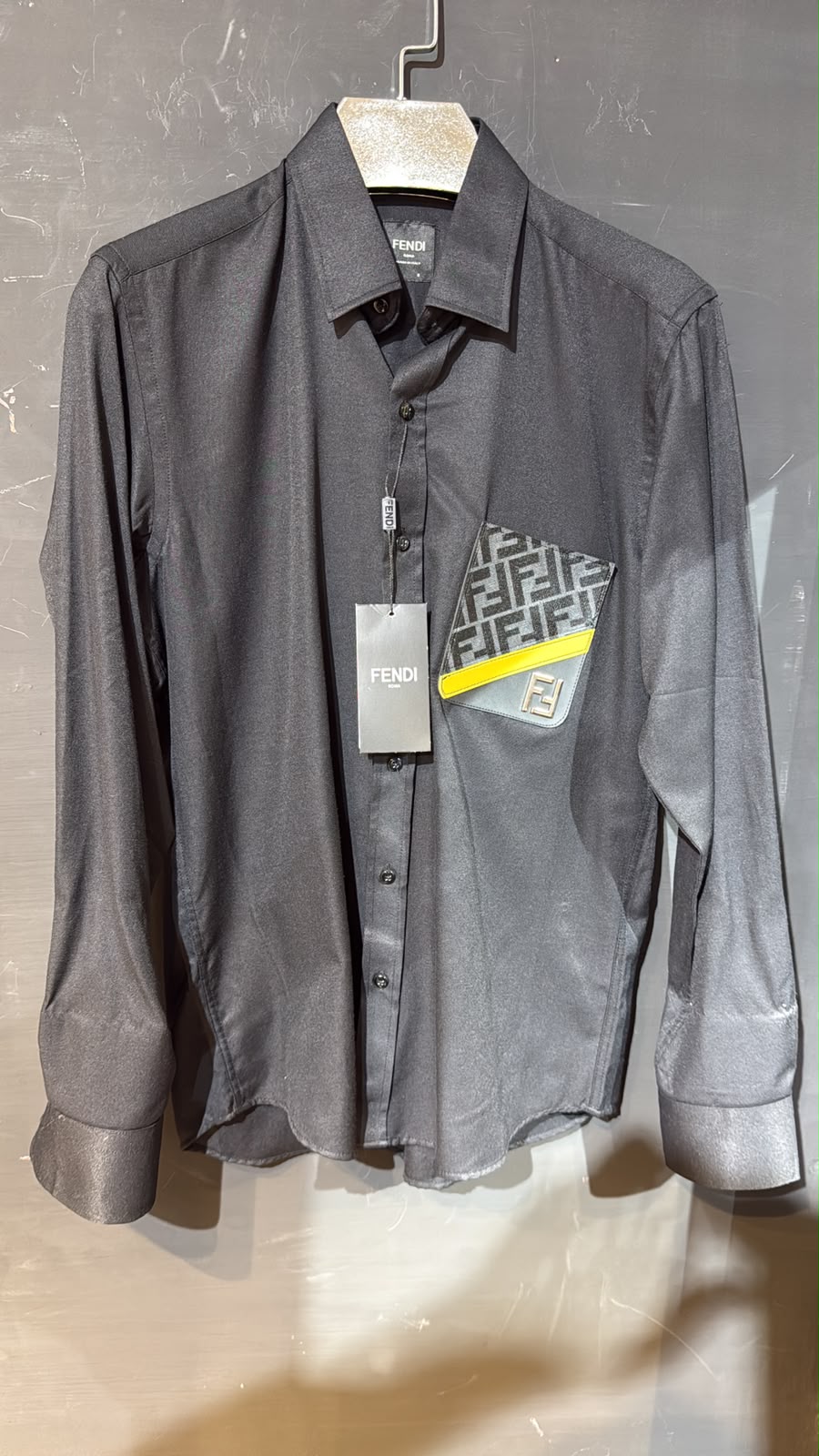 Fendi FF Monogram Pocket Long Sleeve Shirt – Charcoal Gray & Yellow