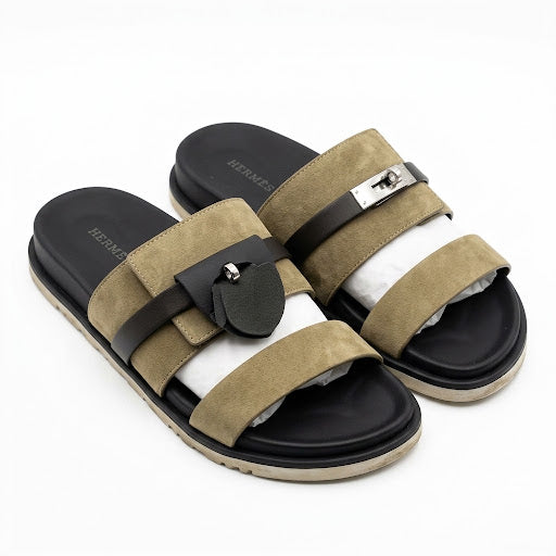 Hermès Empire Sandals – Khaki Suede & Black Leathe