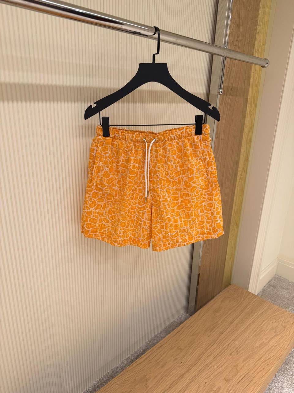 Abstract Geometric Swim Shorts – Orange & White