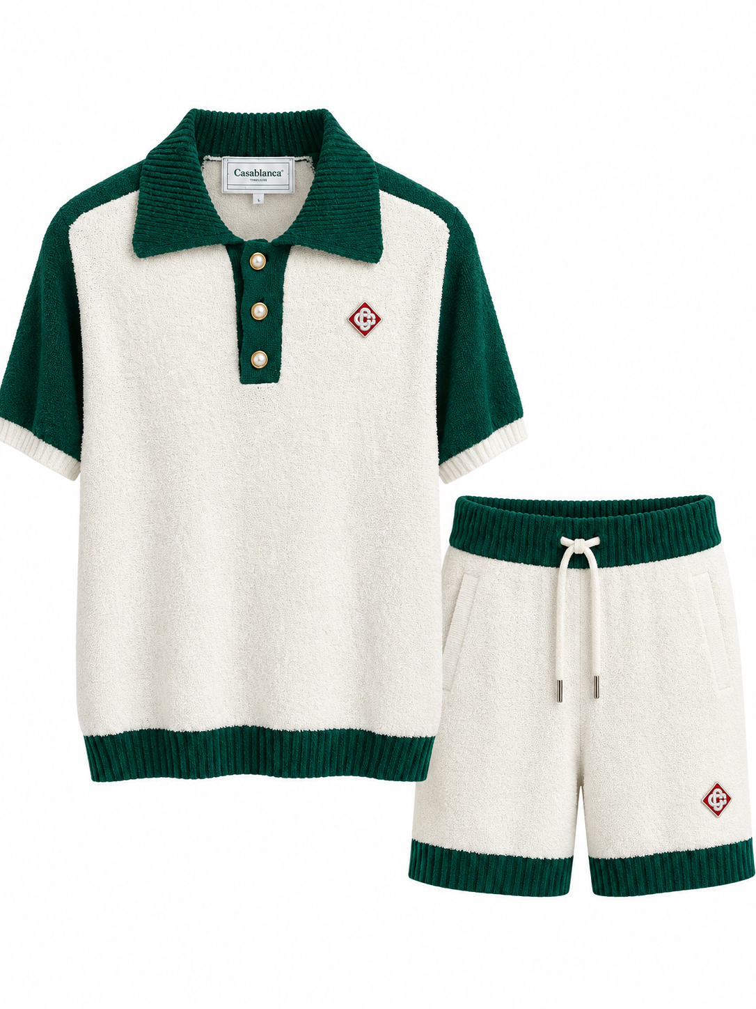 Casablanca Terry Knit Polo Co-Ord Set – Cream & Forest Green
