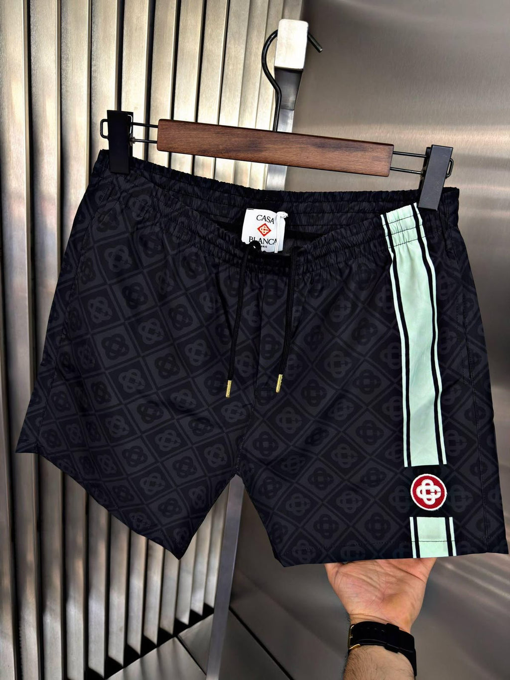 Casablanca Monogram Side Stripe Swim Shorts – Black & Mint