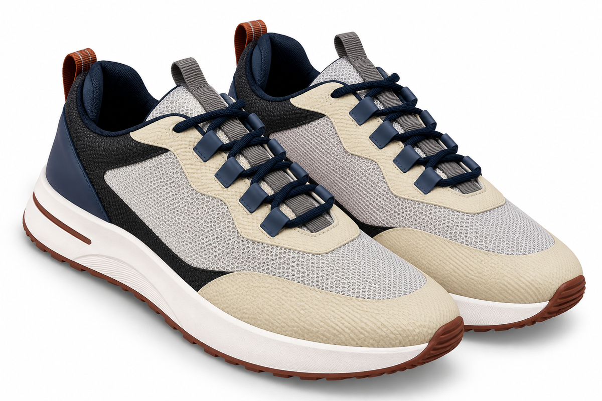 Loro Piana Technical Mesh Runner Sneakers – Stone Grey, Cream & Navy