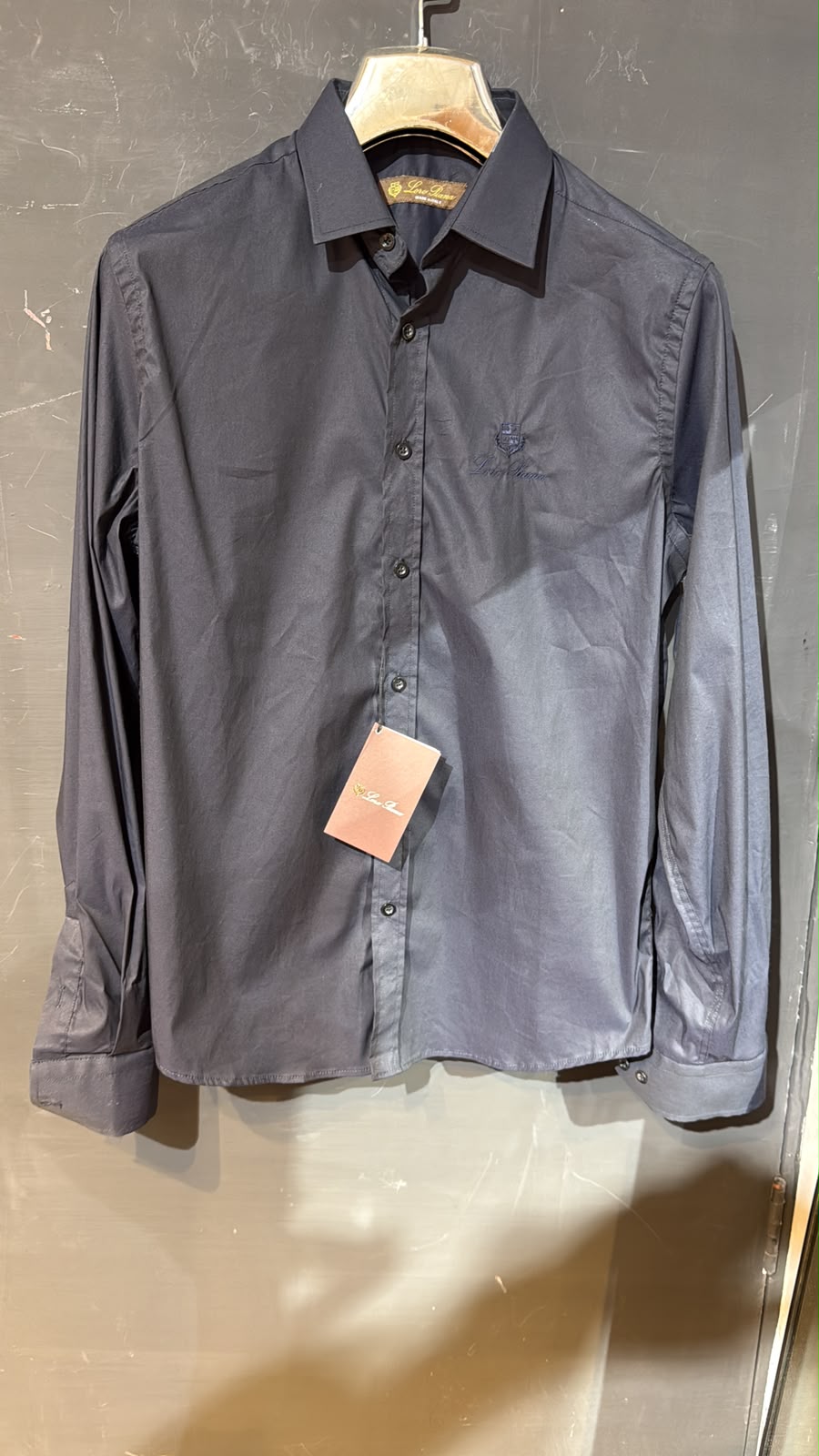 Loro Piana Tonal Crest Embroidered Long Sleeve Shirt – Charcoal Gray