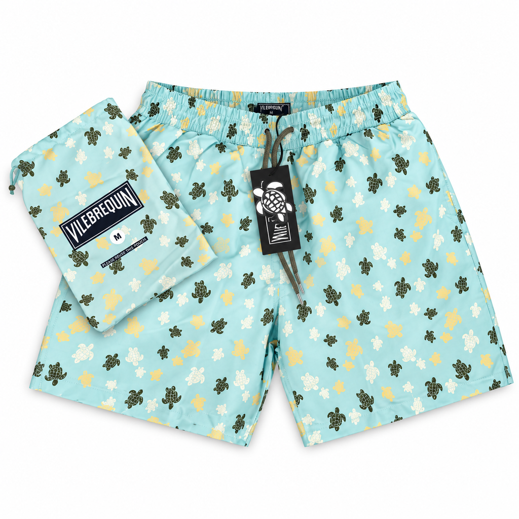 Vilebrequin Multicolor Turtle Print Swim Shorts with Pouch – Light Aqua