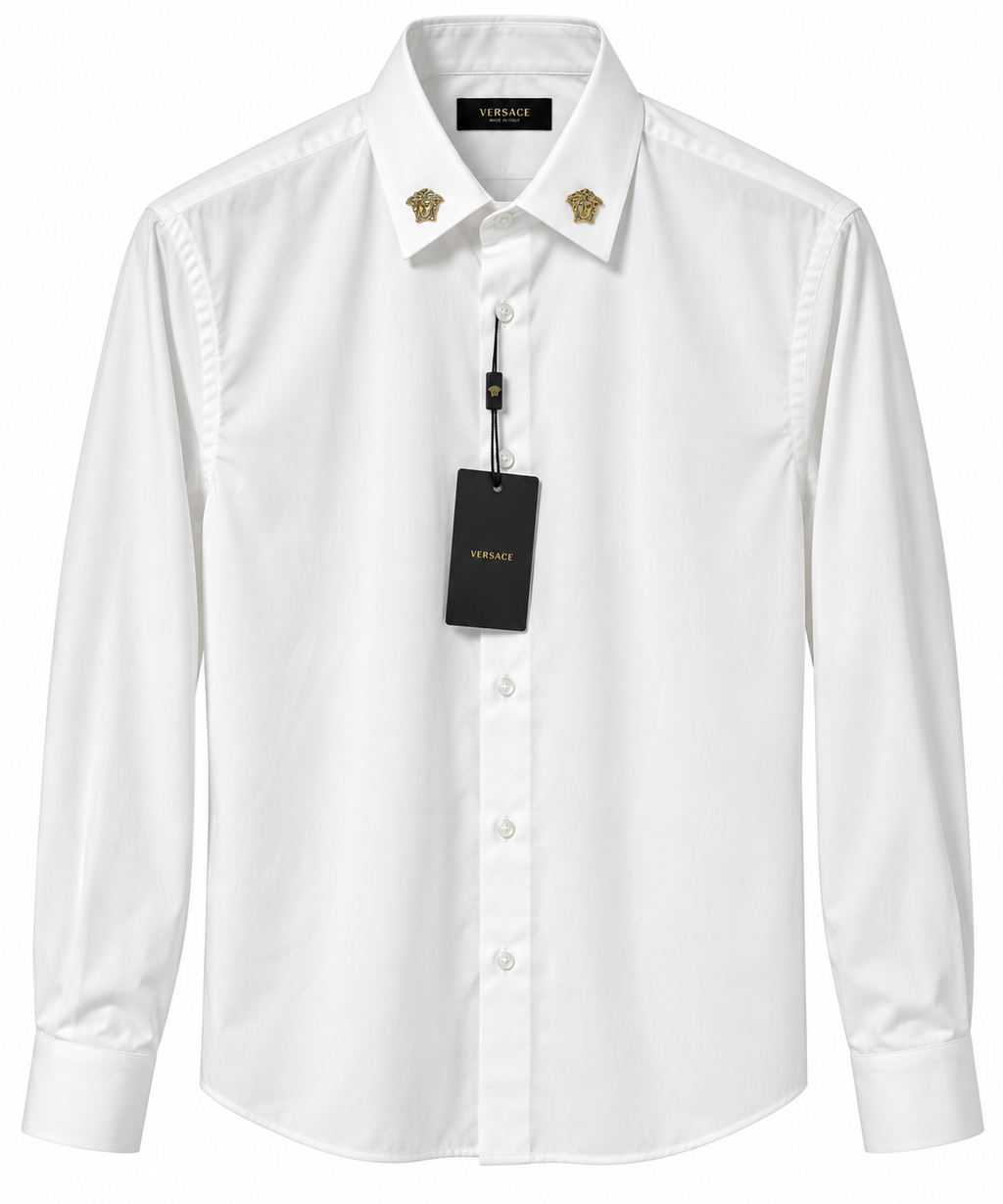 Dolce & Gabbana Gold Crown Collar Long Sleeve Shirt – White