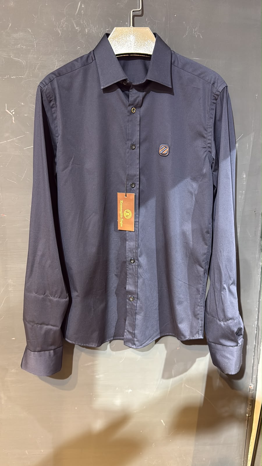 Zegna Embroidered Logo Long-Sleeve Shirt – Navy Blue