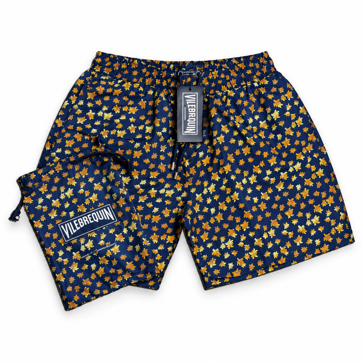 Vilebrequin Mini Floral Print Swim Shorts with Pouch – Navy & Gold