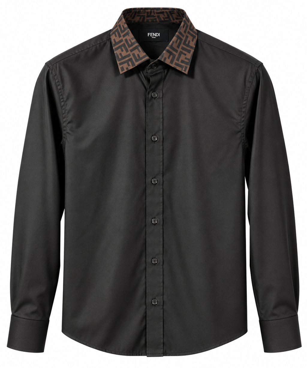 Fendi FF Monogram Collar Long Sleeve Shirt – Black & Brown
