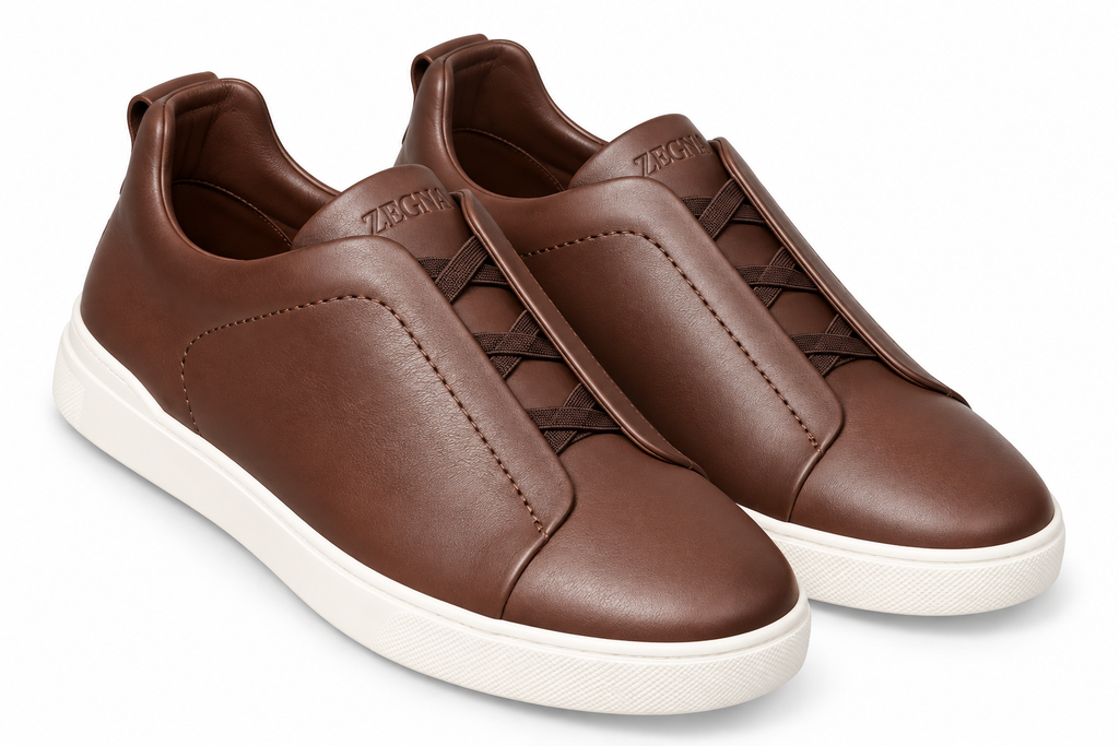 Zegna Leather Slip-On Sneakers – Brown & Ivory