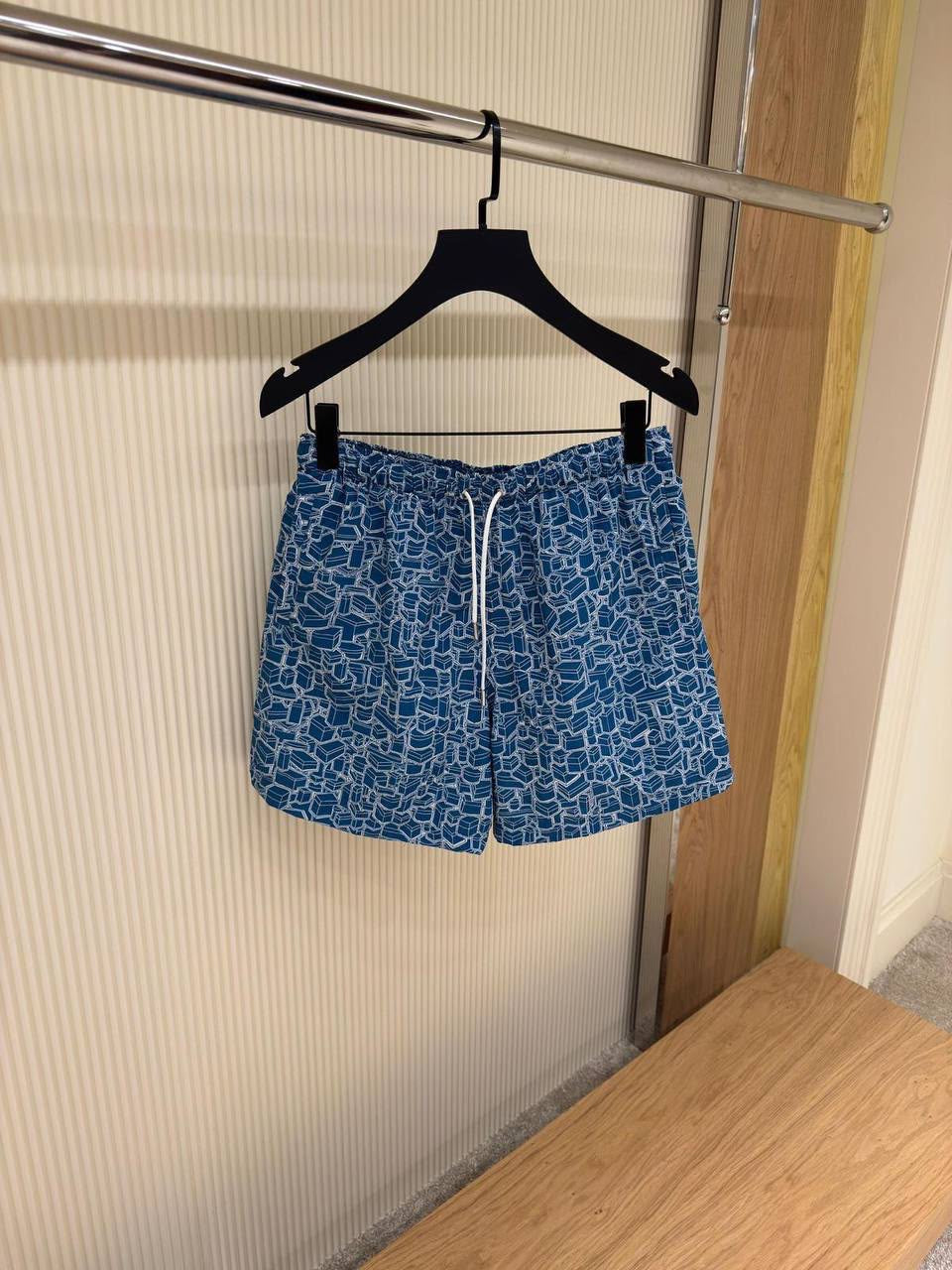 Abstract Geometric Swim Shorts – Deep Blue & White