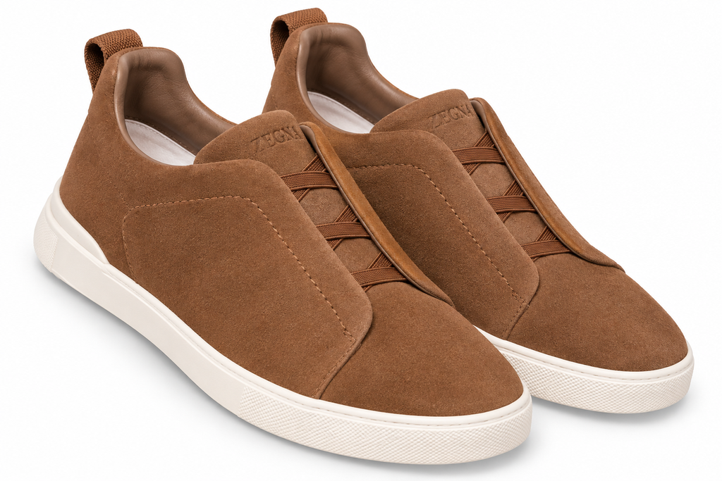 ZEGNA Suede Slip-On Sneakers – Tobacco Brown & Ivory