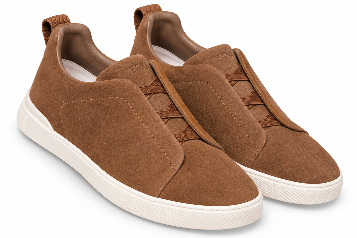 ZEGNA Suede Slip-On Sneakers – Tobacco Brown & Ivory