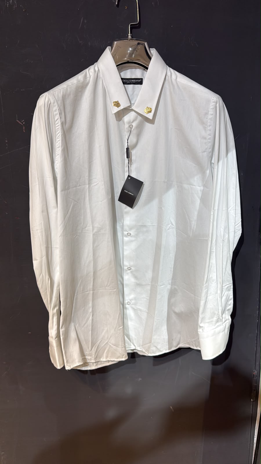 Dolce & Gabbana Gold Crown Collar Long Sleeve Shirt – White