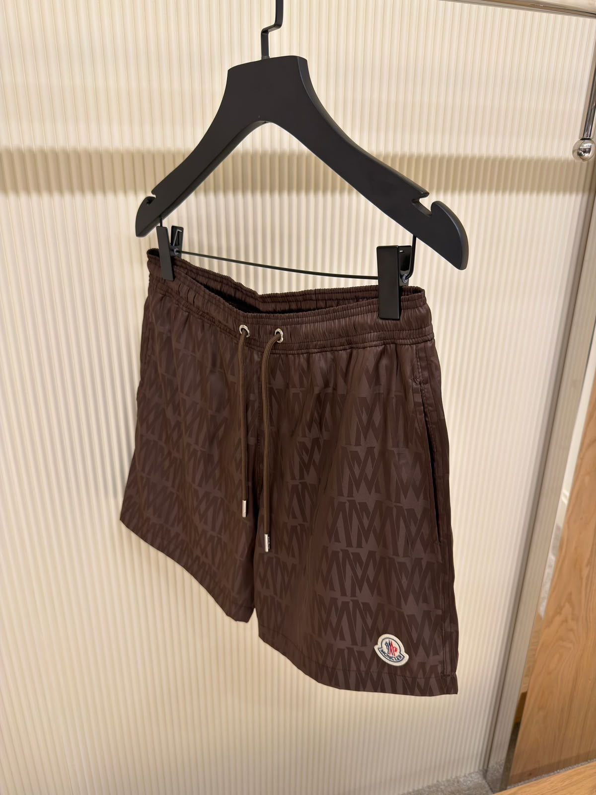 MONCLER Tonal Monogram Logo Patch Swim Shorts – Chocolate Brown
