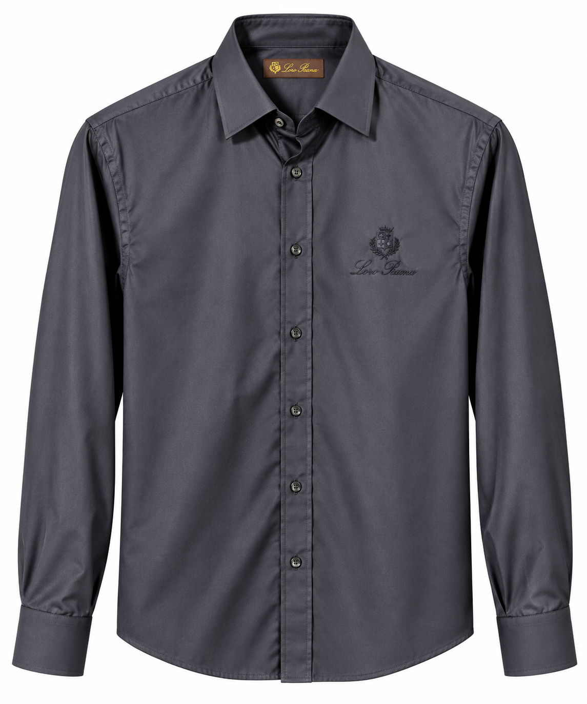 Loro Piana Tonal Crest Embroidered Long Sleeve Shirt – Charcoal Gray