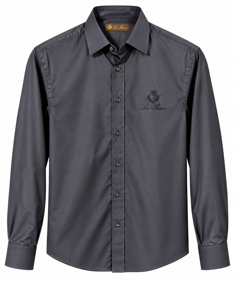 Loro Piana Tonal Crest Embroidered Long Sleeve Shirt – Charcoal Gray