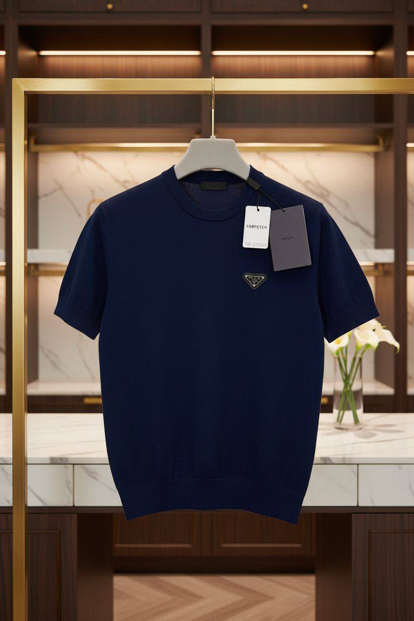 Prada Triangle Logo Knit T-Shirt – Navy Blue