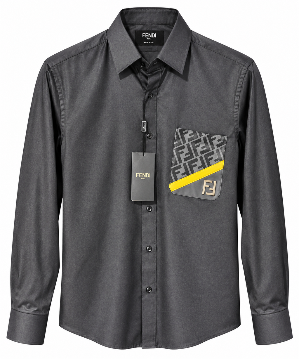Fendi FF Monogram Pocket Long Sleeve Shirt – Charcoal Gray & Yellow