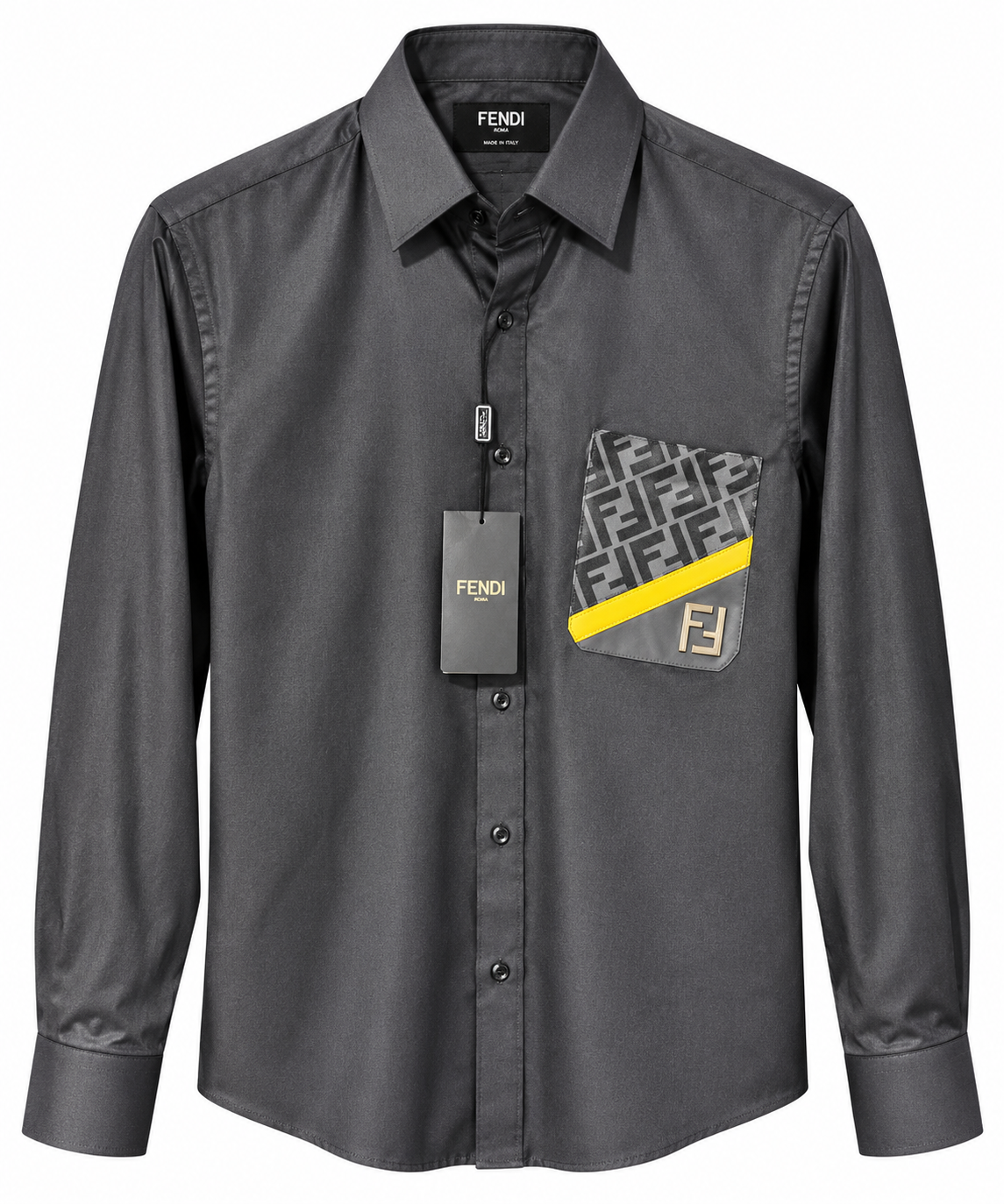 Fendi FF Monogram Pocket Long Sleeve Shirt – Charcoal Gray & Yellow