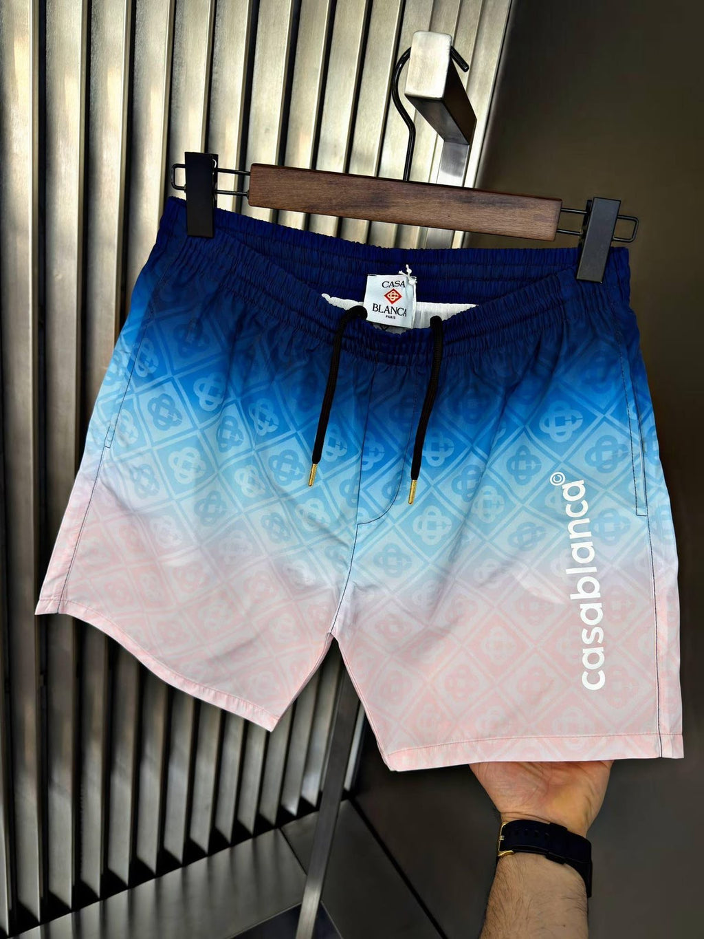 Casablanca Monogram Gradient Swim Shorts – Navy Blue, Sky Blue & Soft Pink