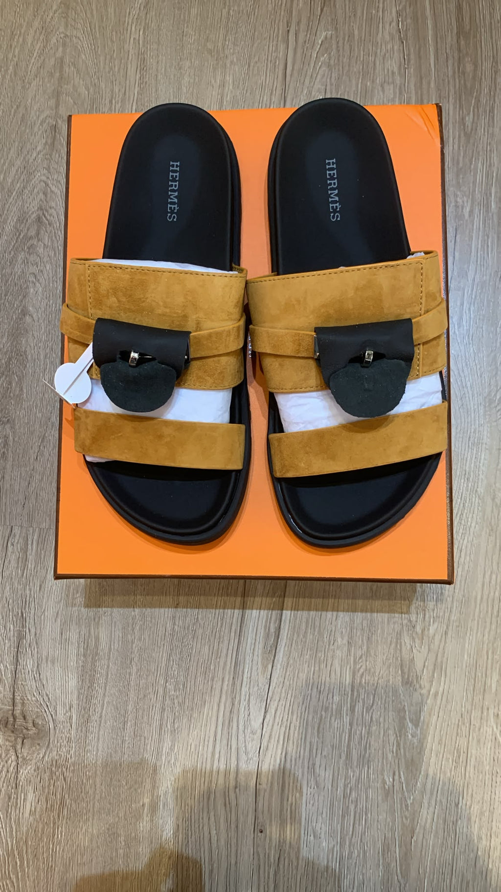 Hermès Empire Sandals – Golden-Yellow Suede & Black