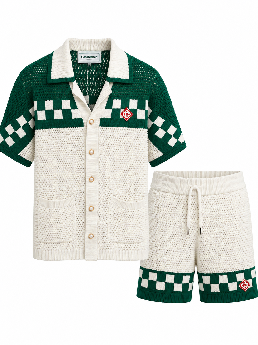 Casablanca Checkerboard Knit Co-Ord Set – Cream & Green